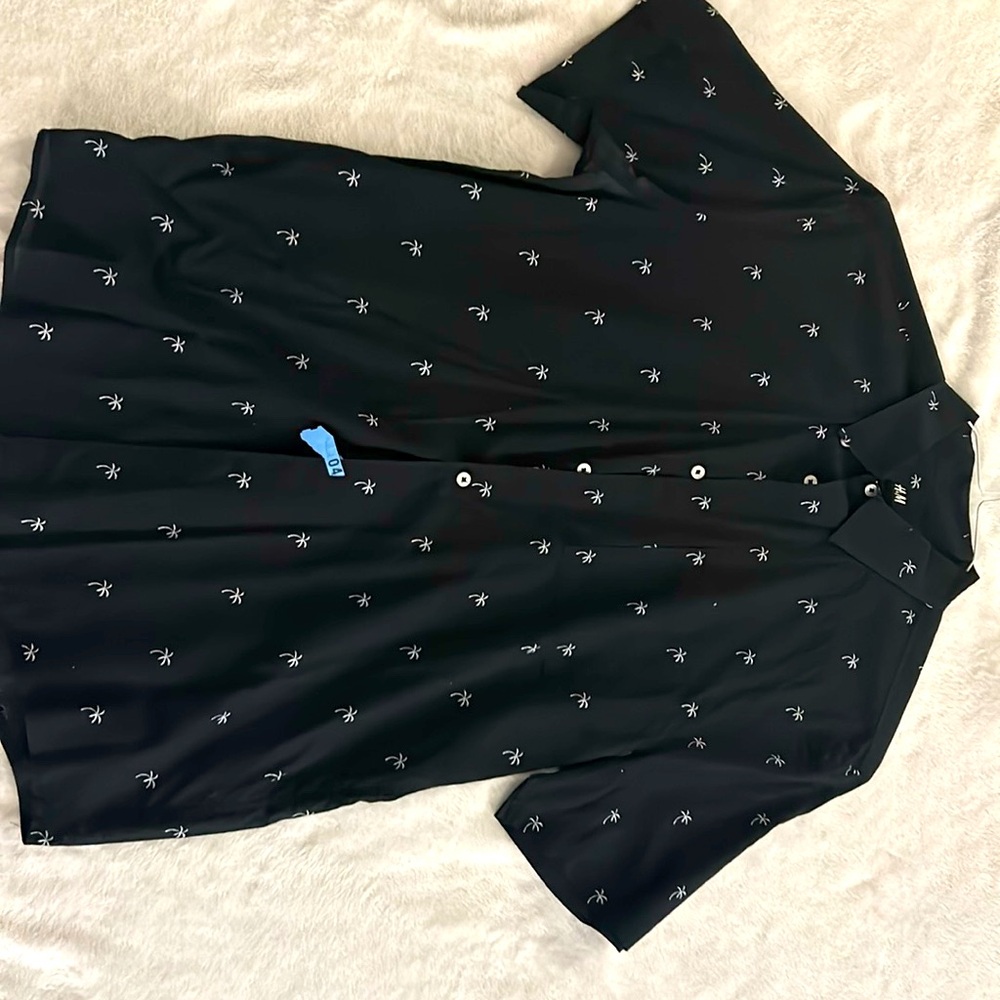 H&M brand. Short sleeve button-down.  Black with white palm trees